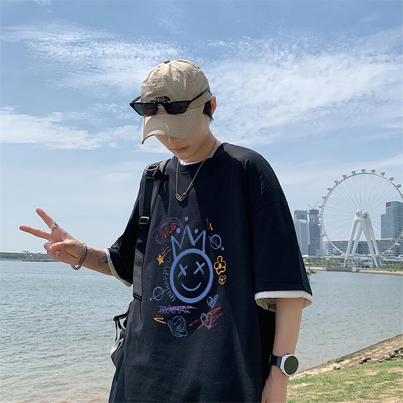JT55180-P25假两件短袖t恤男大码胖子半袖体恤半截袖港风,男装T恤,电商A040