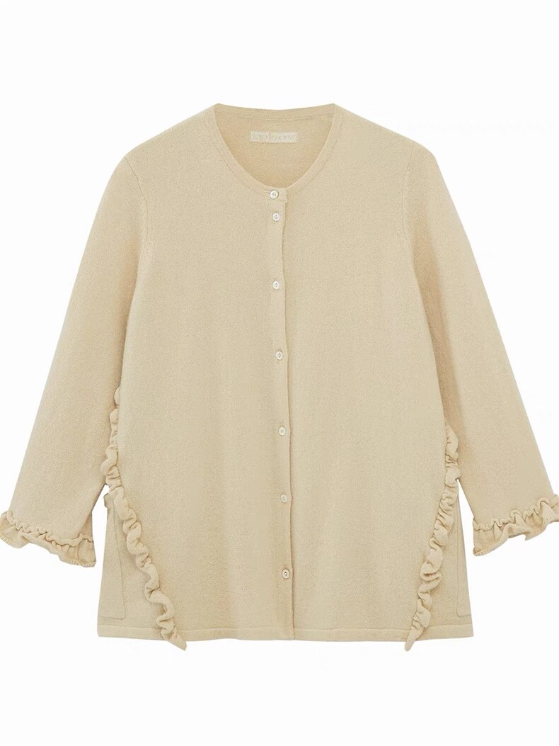 时尚洋气款35%羊绒春秋纯色木耳边开衫，女装羊绒衫，以美红杉羊绒