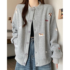 可爱小狗刺绣灰色圆领棒球服外套女春秋情侣开衫卫衣W2052，女装短外套，星座1116A（原606A-3）