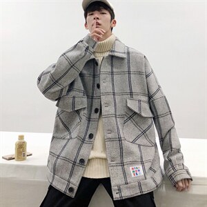 秋冬格子毛呢夹克男呢子风衣oversize外套大码上衣潮 J916 P90图片