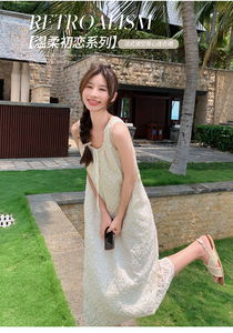 小个子巨好看度假风长裙白色无袖刺绣镂空吊带连衣裙女夏图片
