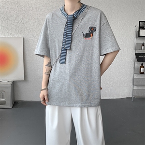 8XL-M 纯棉复古拼接假领带设计短袖美式T恤男重工情侣上衣潮DX341图片