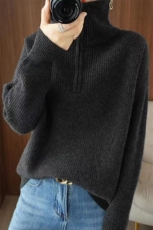加厚羊毛针织衫半开拉链高翻领打底毛衣女秋冬显瘦短款上衣，女装针织衫/毛衣，萱芳婷羊绒