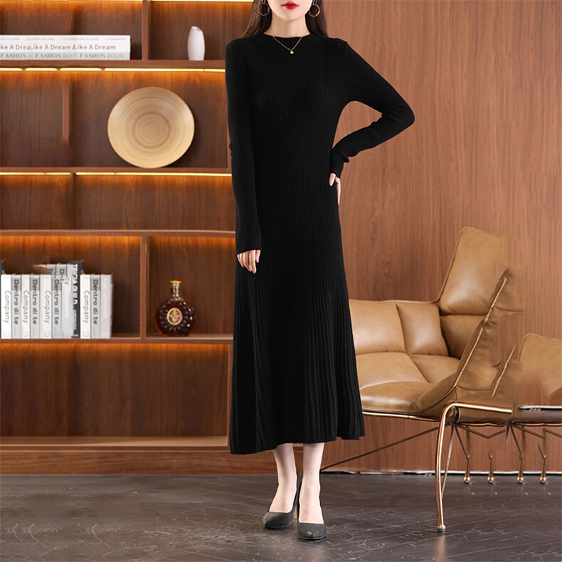 2025秋冬新款羊绒衫女圆领中长款抽条长袖伞裙修身显瘦羊毛针织衫，女装连衣裙，君贝羊绒