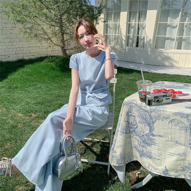 蓝色又酷又飒牛仔套装2025新款女夏流行爆款收腰上衣阔腿裤两件套,女装套装/套裙,2C135