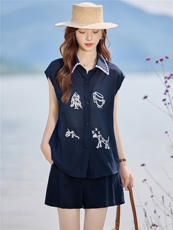 刺绣无袖衬衫套装女2025夏季新款气质减龄棉麻上衣高腰短裤两件套，女装套装/套裙，微微衣阁