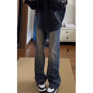 美式高街牛仔裤男格子设计感微喇裤修身显瘦直筒长裤 N6064图片
