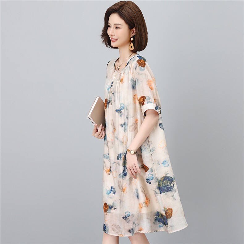 2026时尚中年妈妈休闲直筒莱赛尔天丝麻连衣裙,女装连衣裙,独衣靓