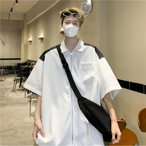 拼皮开衫拉链衬衫男短袖新款外套美式痞帅宽松潮牌小众高级感衬衣图片