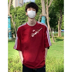 抖音得物高品质二开240克宽松纯棉美式潮牌三条杠织带短袖T恤，男装T恤，电商A486-1
