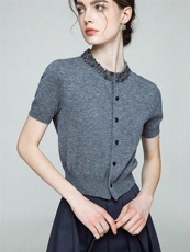 手缝钻纯澳毛开衫短袖，女装针织衫/毛衣，米咔羊绒