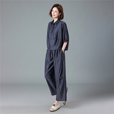 现货2026夏季新款宽松大码洋气减龄莱赛尔提花衬衫套装两件套，女装套装/套裙，深水步