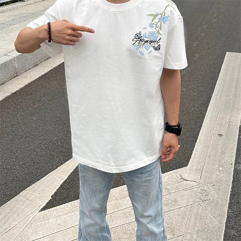 万针全刺绣解构设计260克重磅双纱纯棉高品质美式高街短袖T恤特35,男装T恤,电商A486