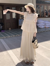 超仙时尚雪纺无袖木耳边套装女2026夏新款半透减龄阔腿裙裤两件套，女装套装/套裙，水衣源