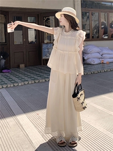 超仙时尚雪纺无袖木耳边套装女2026夏新款半透减龄阔腿裙裤两件套图片