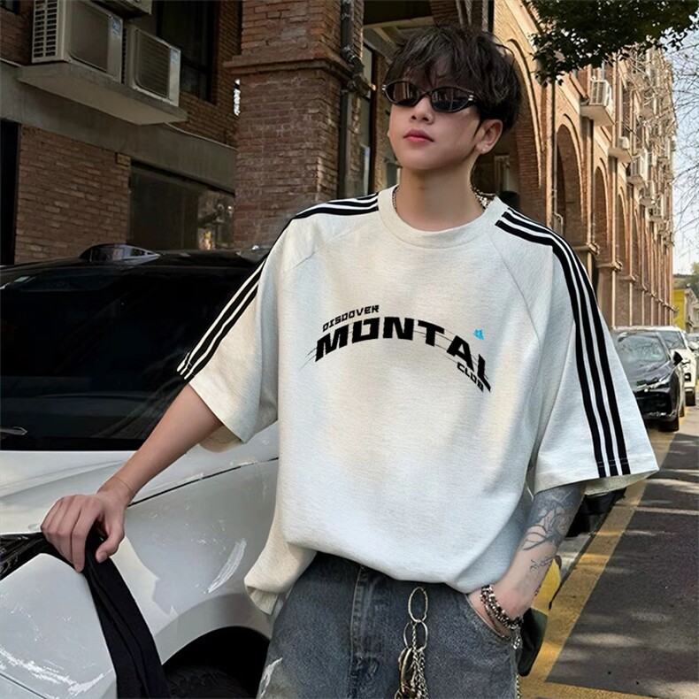 抖音得物品质二开240克宽松纯棉美式潮牌印花三条杠中性风短袖T恤，男装T恤，电商A486-1