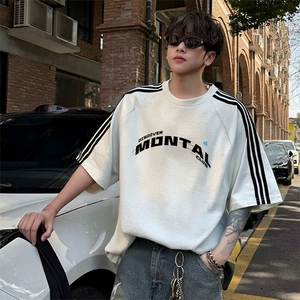 抖音得物品质二开240克宽松纯棉美式潮牌印花三条杠中性风短袖T恤,男装T恤,电商A486-1