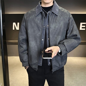 标50绒 男士翻领假两件短款PU皮羽绒服休闲保暖外套 5065-P255图片