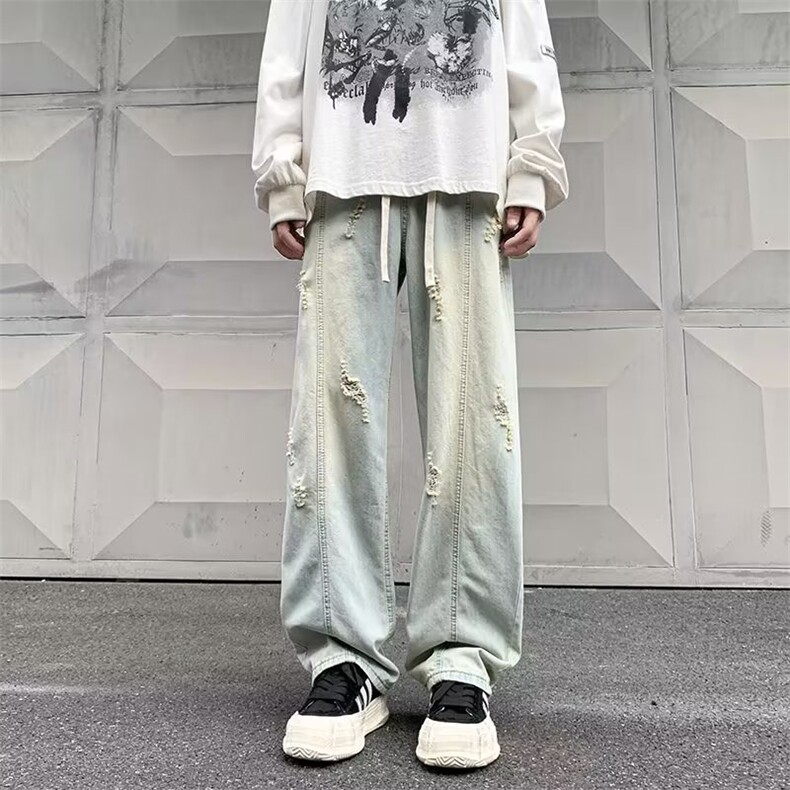 美式高街破洞牛仔裤男秋款潮牌复古宽松阔腿欧美直筒裤N6096-P43图片