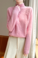 秋冬半高领扭花100%纯羊毛衫女加厚针织毛衣宽松羊绒衫内搭打底衫，女装羊毛衫，郡淞羊绒