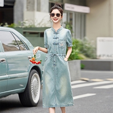 新中式国风牛仔连衣裙女2024夏季款时尚洋气薄款收腰显瘦短袖裙子，女装连衣裙，依路服饰