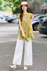 新中式富婆姐姐套装女2025夏新款复古印花盘扣上衣阔腿裤两件套，女装套装/套裙，木橙西子