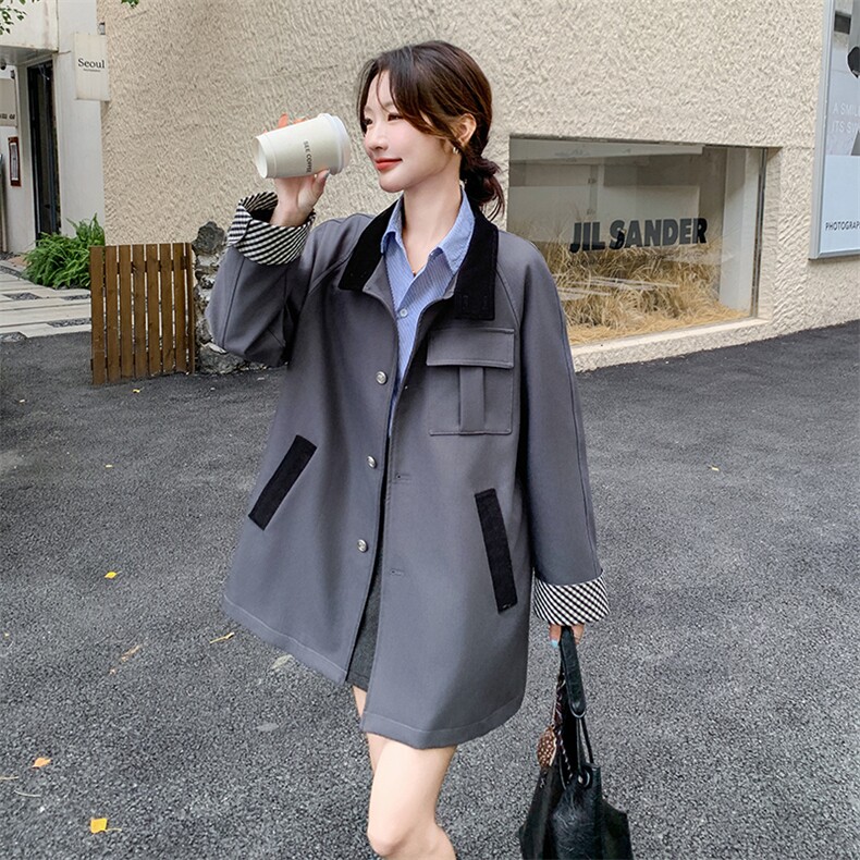 格子拼接灰色风衣外套女春季中长款小个子韩系高级感设计感流行,女装风衣,慧峰