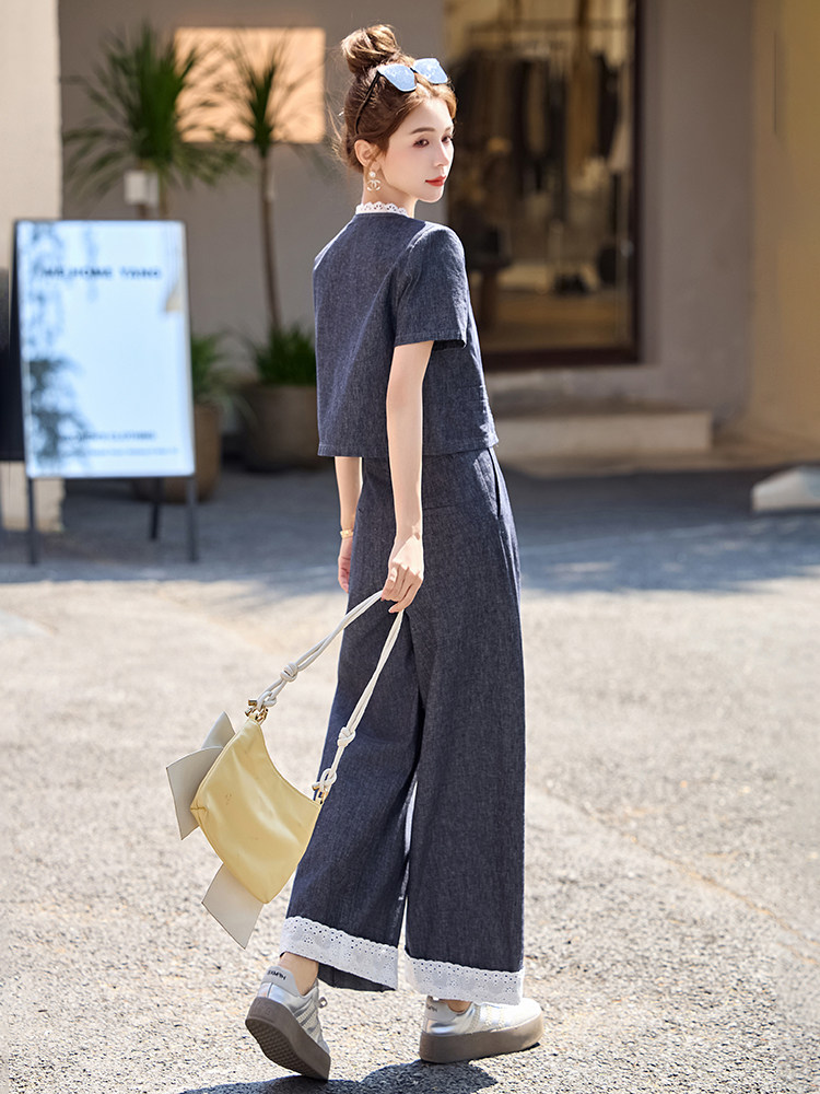 牛仔套装女2025夏季新款韩系小香风气质蕾丝九分阔腿裤穿搭一整套,女装套装/套裙,布芭啦