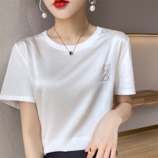 重磅真丝t恤女短袖印花桑蚕丝白色圆领小衫2024夏装半袖短款上衣，女装T恤，兴泰羊绒