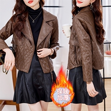 皮棉衣外套女欧洲站2022年秋冬新款加绒加厚带毛领pu皮夹克短外套，女装皮衣，江南女神