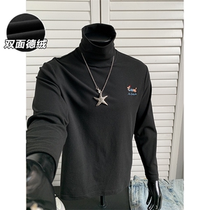 双面德绒腊肠狗刺绣打底衫高领宽松长袖T恤男T24501-特P21控39图片