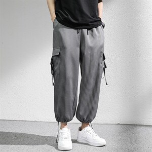 7XL-M夏季新款港风条纹裤子男胖子痞帅宽松直筒裤加大码九分裤图片