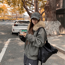 现货重磅boxy短款棉衣座山雕大毛毛领男女棉服水洗工装厚外套，男装棉衣，电商A486-1