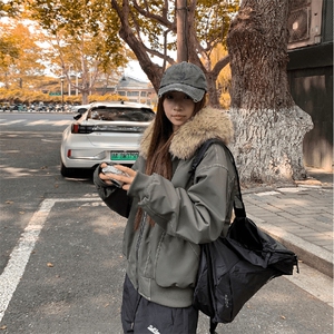 现货重磅boxy短款棉衣座山雕大毛毛领男女棉服水洗工装厚外套图片