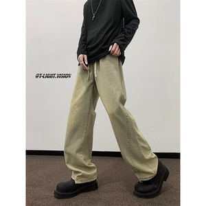 美式复古黄泥染牛仔裤男春秋vibe微喇高街直筒青少年拼接休闲裤子