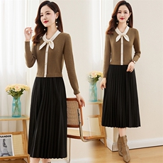 时尚优雅针织毛衣拼接百褶裙假两件连衣裙显瘦修身气质女装，女装连衣裙，魅丽静蓝