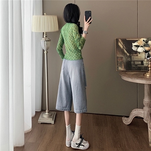 韩系减龄时尚套装女夏季新款绿色波点网纱上衣破洞牛仔中裤两件套图片