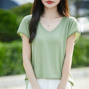 V领小飞袖针织衫女T恤薄款透气2025新款夏精纺细毛上衣短袖t恤衫图片