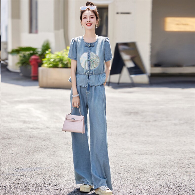 中国风方领牛仔套装女2025夏季新款休闲薄款减龄优雅女神范两件套，女装套装/套裙，欣品汇