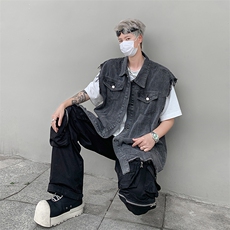 牛仔背心马甲外套男女款秋季日系宽松工装复古马夹坎肩MJ20-P55，男装背心/马甲，星座308B-1