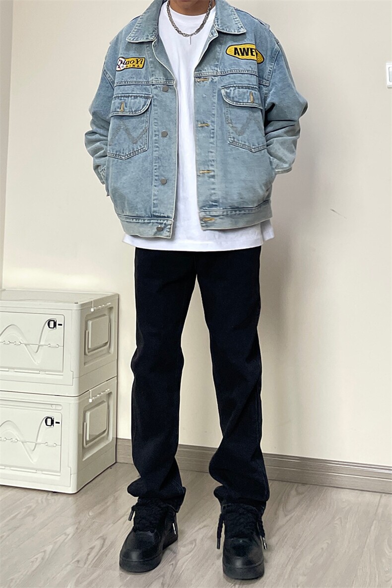 B221美式ins高街暗黑小众情侣毛巾绣直筒牛仔裤LK23021-P65控88,男装牛仔裤,电商B221