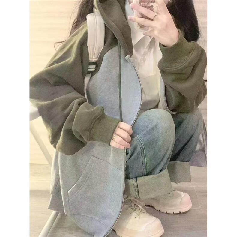 美式复古外套卫衣女2025新款早秋款宽松oversize连帽插肩撞色开衫,女装短外套,星座506A