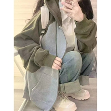 美式复古外套卫衣女2025新款早秋款宽松oversize连帽插肩撞色开衫，女装短外套，星座506A