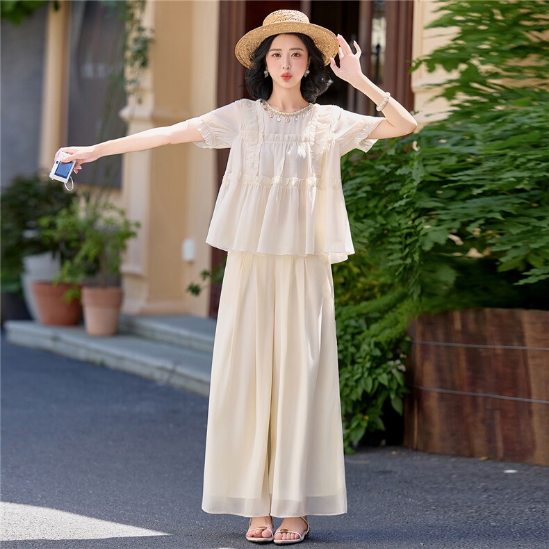 超仙时尚雪纺套装女2026夏新款半透减龄无袖木耳边阔腿裙裤两件套,女装套装/套裙,水衣源