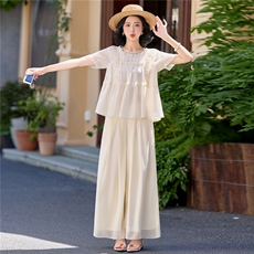 超仙时尚雪纺套装女2026夏新款半透减龄无袖木耳边阔腿裙裤两件套，女装套装/套裙，水衣源