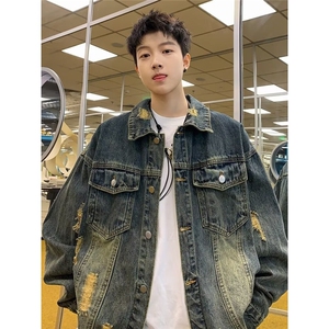美式复古oversize牛仔外套秋季时尚穿搭潮男破洞撞色设计感夹克潮图片