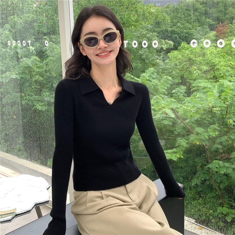 2025秋冬百搭时尚简约v领polo针织衫长袖针织衫,女装羊绒衫,玛卡隆羊绒