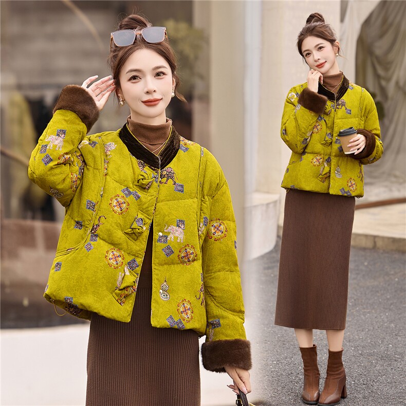 现货！水貂毛冬季新款女装2025年时尚气质优雅印花新中式90%外套，女装羽绒服，涵墨