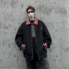 格子拼接复古刺绣水洗牛仔外套潮流宽松设计感外套，男装夹克，星座410-7