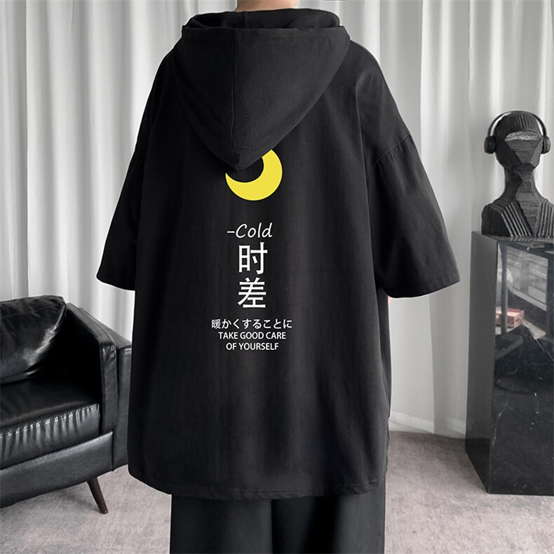 LD54047-P45连帽短袖t恤男大码胖子带帽五分袖中袖,男装T恤,电商A040
